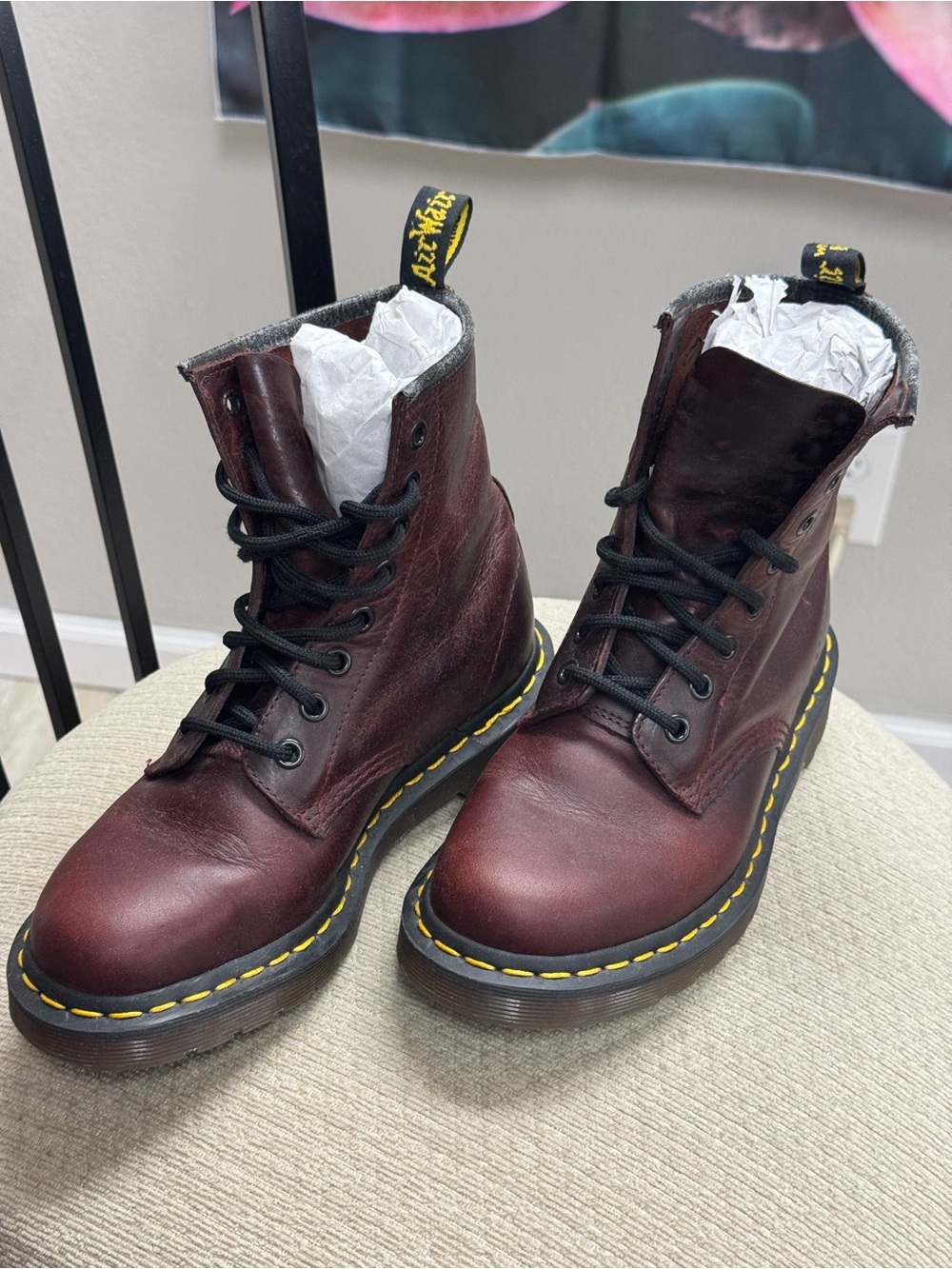 Dr. Martens Cherry Red 8-Eye Leather Boots with Yellow Stitch W 6 M 5
